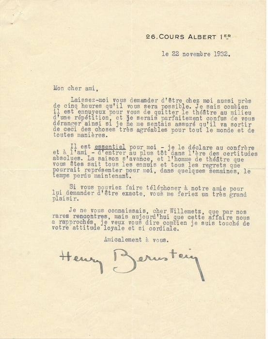 Henry BERNSTEIN à Albert WILLEMETZ 4 lettres Elvire Popesco probleme !