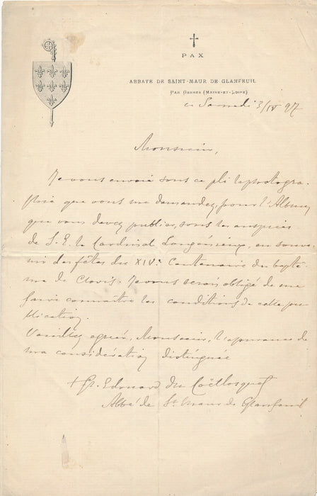 Edouard du COËTLOSQUET abbé St Maur de Glanfreuil 2 lettres photo Langénieux