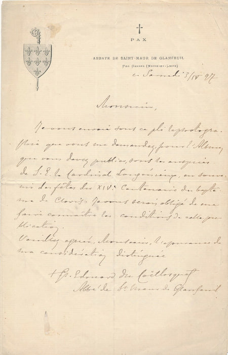 Edouard du COËTLOSQUET abbé St Maur de Glanfreuil 2 lettres photo Langénieux