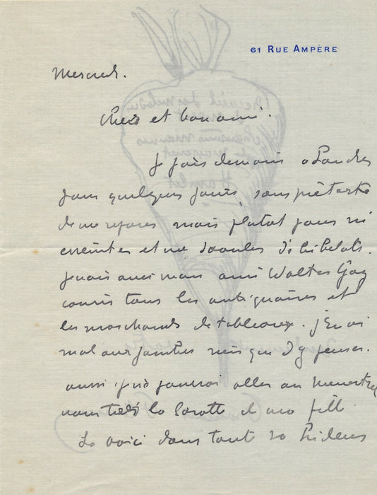 François FLAMENG Lettre autographe signée avec dessin carotte humour Walter Gay
