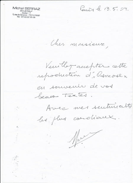 Miche SERRAZ (1925-), sculpteur lettre autographe signée carton signée