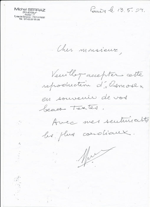 Miche SERRAZ (1925-), sculpteur lettre autographe signée carton signée