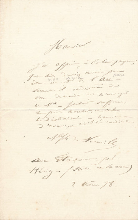 Alphonse de NEUVILLE lettre autographe militaire revue Art Les Plâtreries