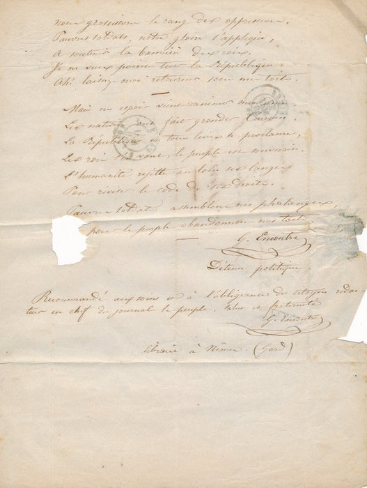 Pierre-Germain ENCONTRE libraire Nîmes prison poème autographe signé 1849