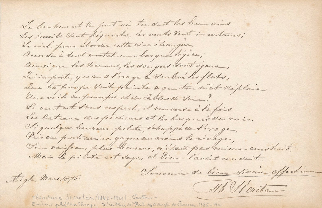pasteur suisse SECRÉTAN manuscrit autographe signée poême  le bonheur religion