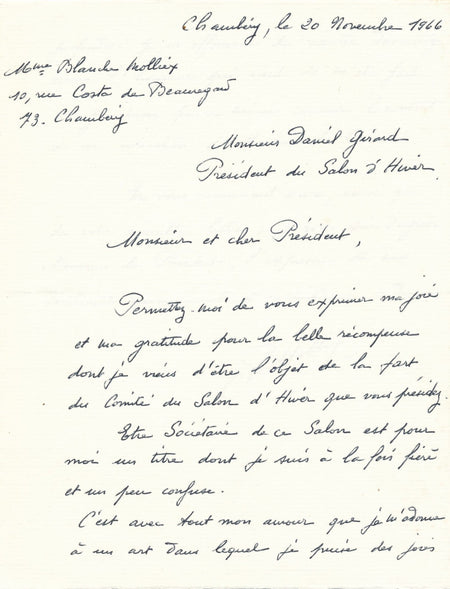 Blanche MOLLIEX Chambéry peintre fleurs lettre autographe signée