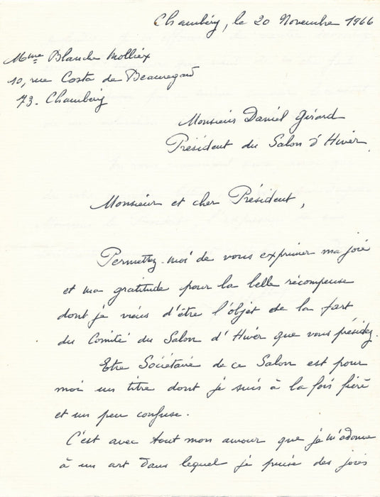 Blanche MOLLIEX Chambéry peintre fleurs lettre autographe signée