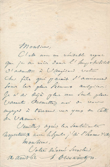 P. OLIVAINT prêtre jésuite exécuté Commune lettre autographe signée éducation