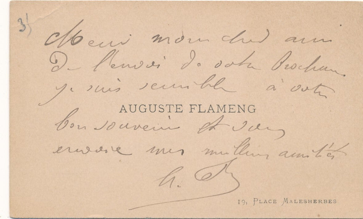 A. FLAMENG 1 lettre autographe signée 4 carte de visite Alliance Arts Cercle