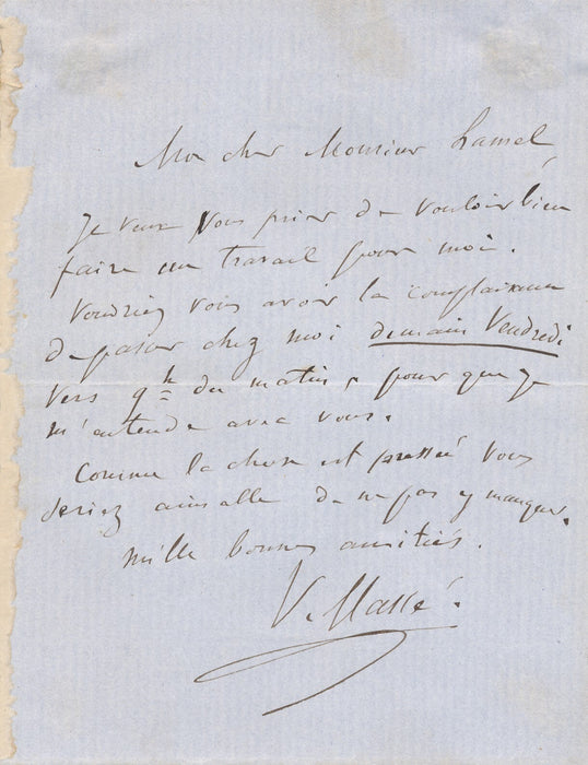 Victor MASSÉ demande à voir rapidement M. Hamel... lettre autographe signée
