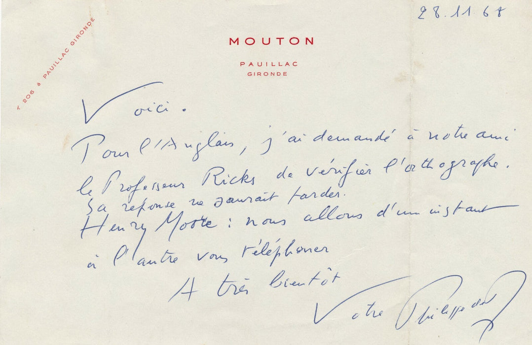 Philippe de Rothschild 3 lettres et 3 billets autographes signée poésie 1969-70