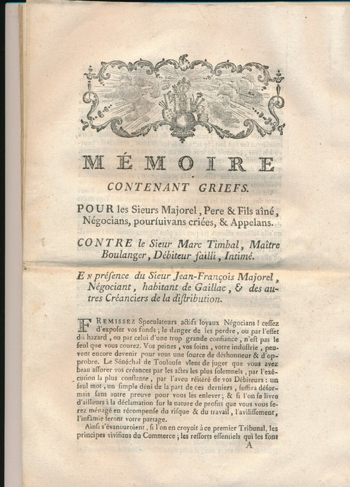 MAJOREL négoce blé Gaillac lettre autographe signée judiciaire Timal Tarn 1782
