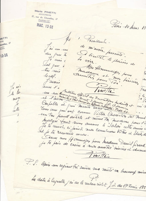 Mario PINETTI 2 lettres autographes signées V. Charreton Salon d'Hiver