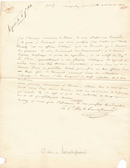Restauration Alexandre François de La Rochefoucauld lettre autographe signée