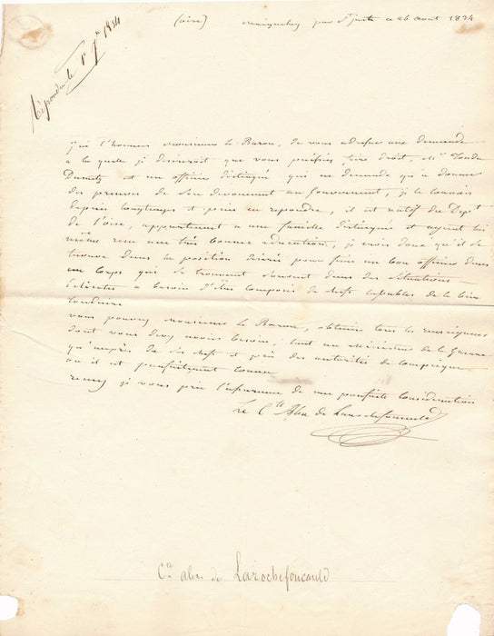 Restauration Alexandre François de La Rochefoucauld lettre autographe signée