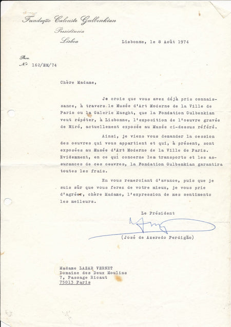 Fondation Calouste Gulbenkian José de Azeredo Perdigão lettre signée Miro