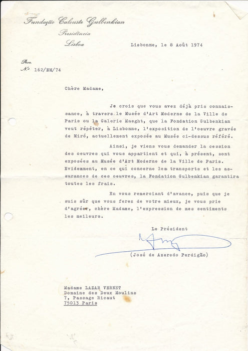 Fondation Calouste Gulbenkian José de Azeredo Perdigão lettre signée Miro