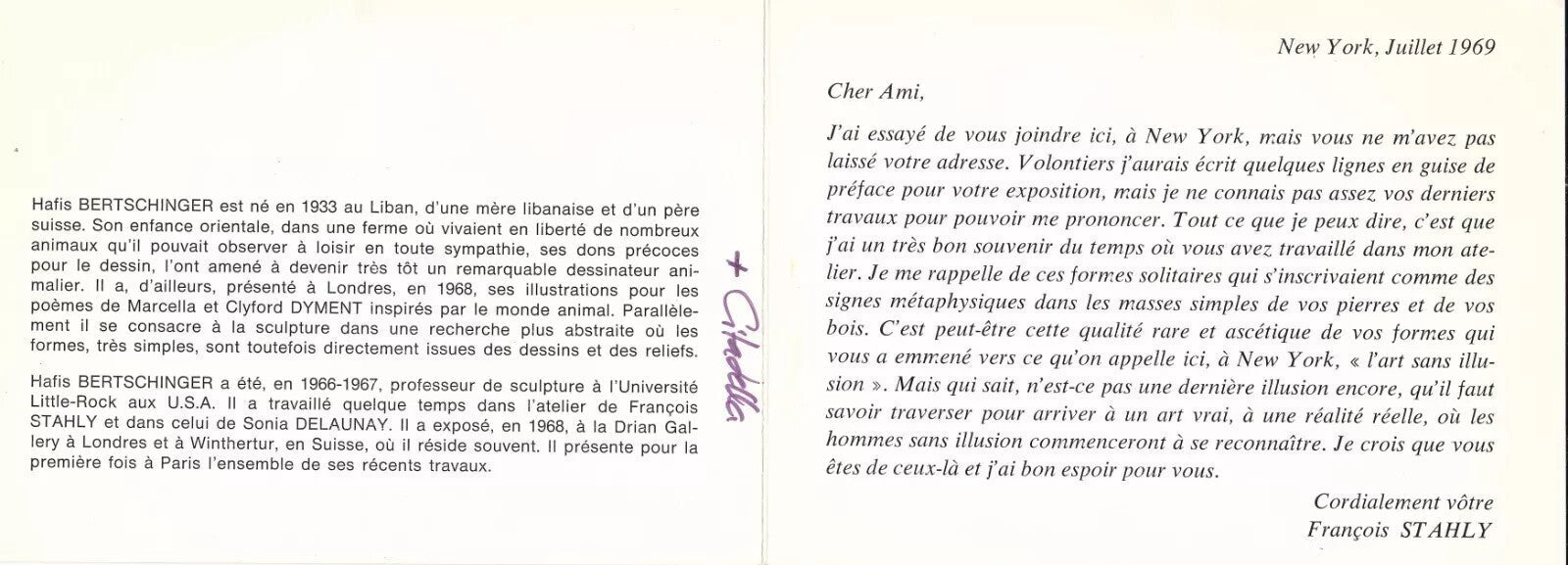 Hafis Joachim BERTSCHINGER Suisse artiste 7 lettres autographes