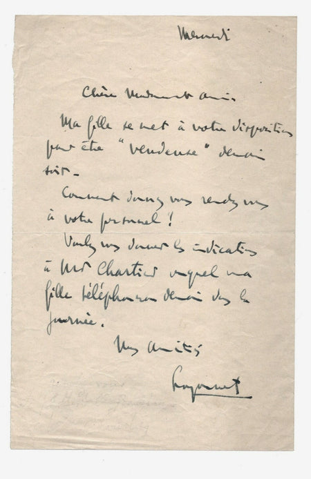 Paul LOYONNET pianiste place sa fille comme vendeuse lettre autographe signée