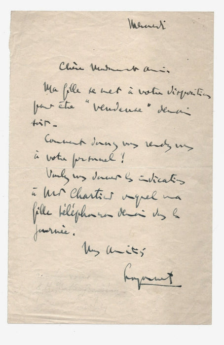 Paul LOYONNET pianiste place sa fille comme vendeuse lettre autographe signée