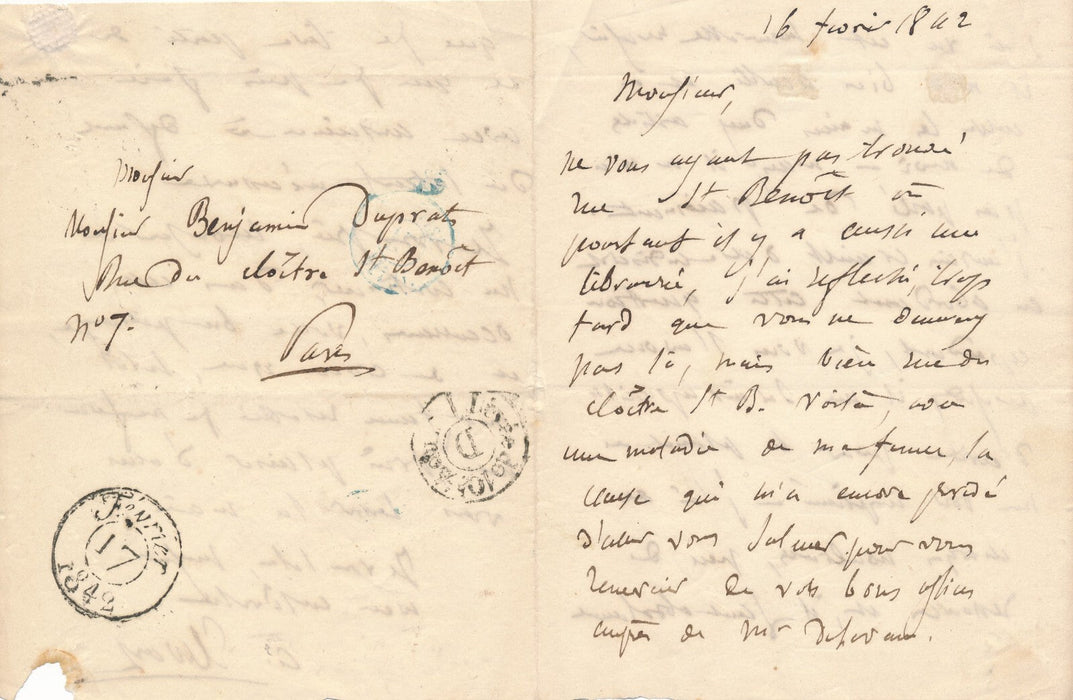 Antoine ELWART à l'éditeur Benjamin DUPRAT Lettre autographe signée articles
