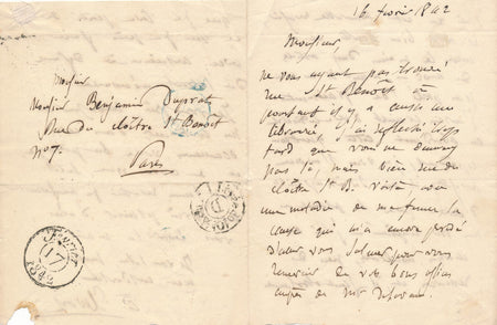 Antoine ELWART à l'éditeur Benjamin DUPRAT Lettre autographe signée articles