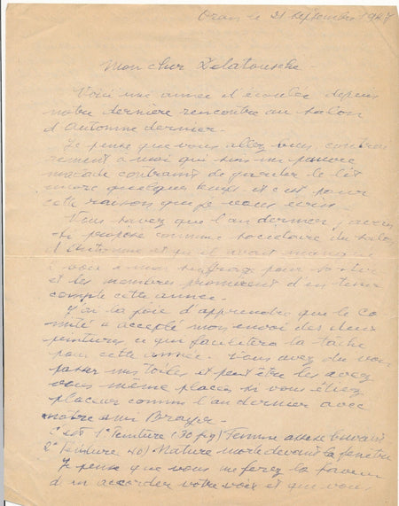 Louis ANCILLON peintre Algérie lettre autographe signée à G. Delatousche Oran