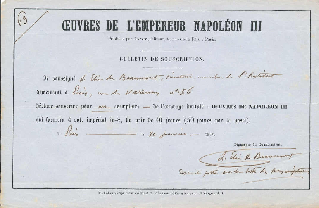 Léonce Élie de BEAUMONT géologue Andreossy Dufrénoy lettre autographe signée