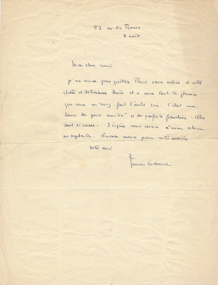 Julien LUCHAIRE une heure de parfaite franchise lettre autographe signée