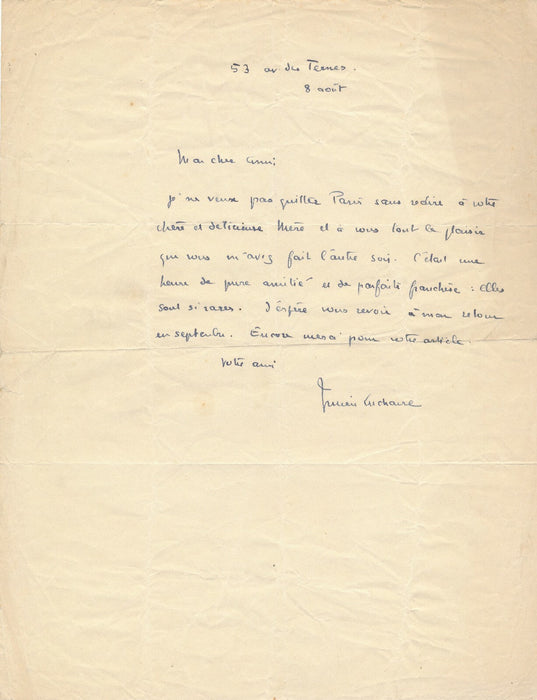 Julien LUCHAIRE une heure de parfaite franchise lettre autographe signée