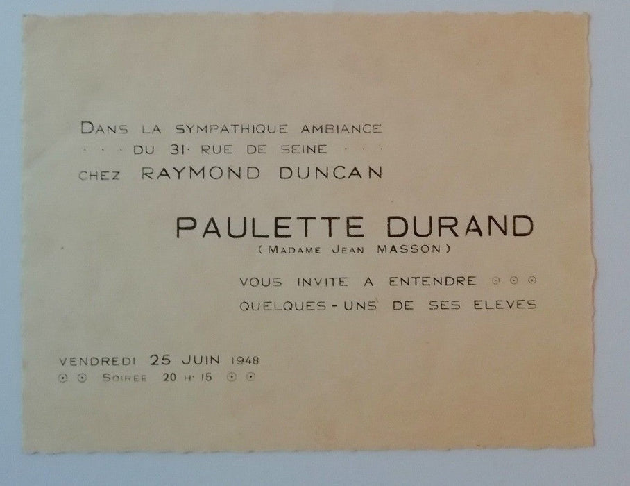 Raymond Duncan avis de récital piano musique 1948 invitation rue de Seine