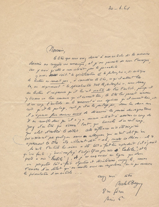 philosophie Michel DEGUY (1930-) article lettre autographe signée mécontent 