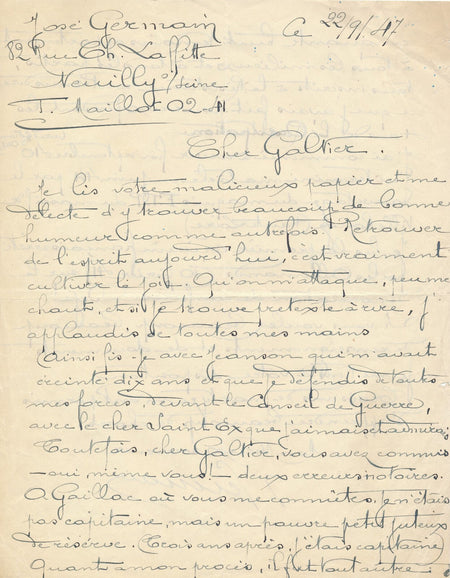 José GERMAIN lettre autographe signée Galtier-Boissière collaboration occupation