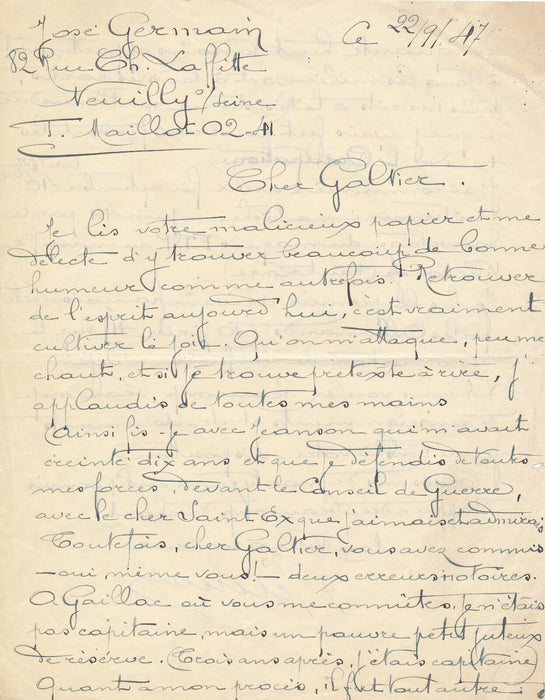 José GERMAIN lettre autographe signée Galtier-Boissière collaboration occupation