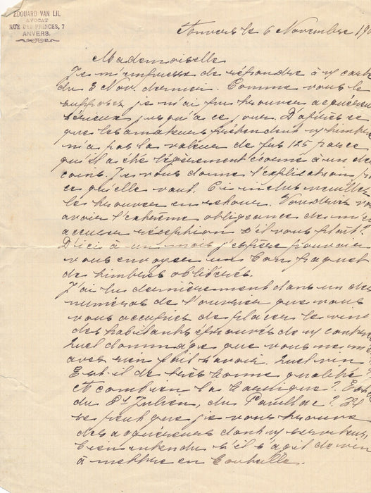 Anvers Edouard Van Lil avocat 2 lettres autographes signées Belgique livres