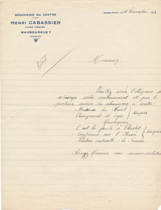 Boucherie du Centre Henri Cabassier Maubourguet lettre Lettre Editions GREYVAL