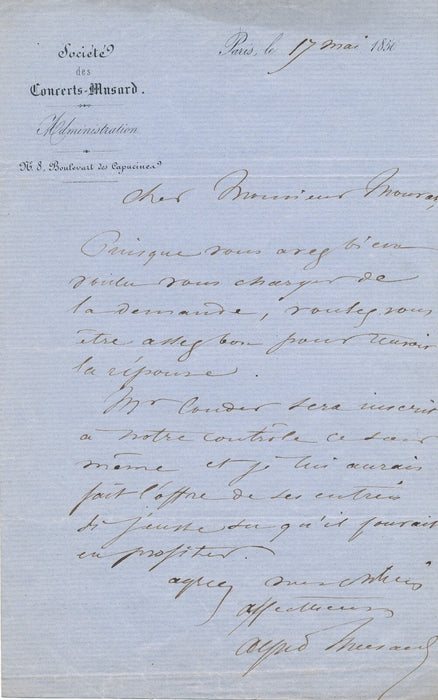 Alfred MUSARD offre places pour concert F. Couder lettre autographe signée