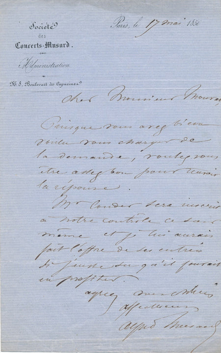 Alfred MUSARD offre places pour concert F. Couder lettre autographe signée