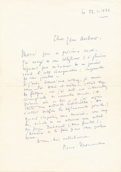 Pierre MENANTEAU 4 lettres autographes signées Aubert Duhamel Roland Le Cordier