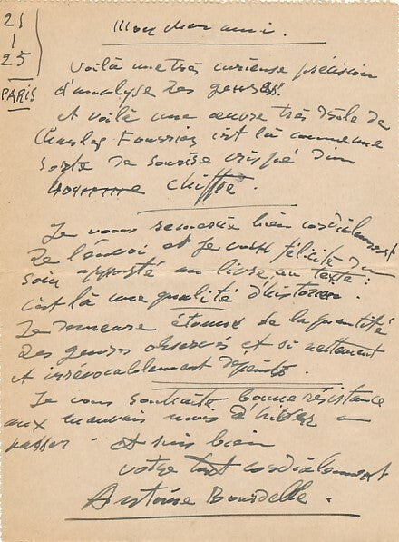 Antoine BOURDELLE lettre autographe signée Hiérarchie du cocuage Charles Fourier