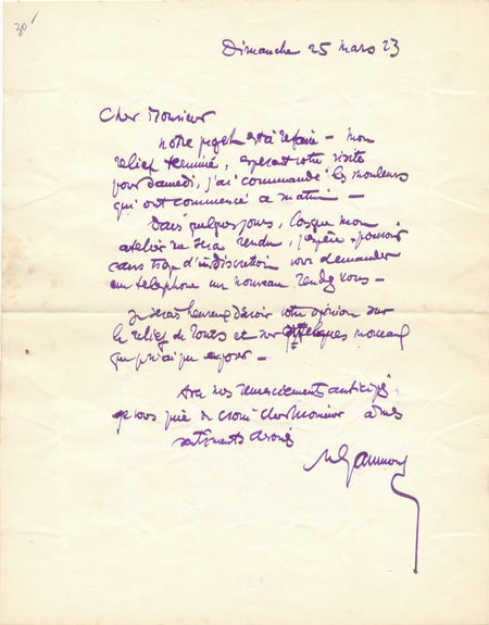 Marcel GAUMONT sculpteur Art déco relief Tours lettre autographe signée