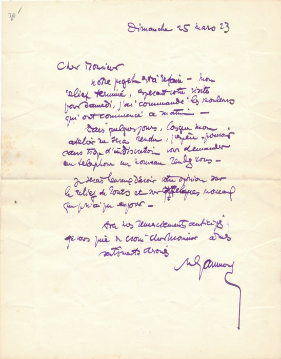 Marcel GAUMONT sculpteur Art déco relief Tours lettre autographe signée