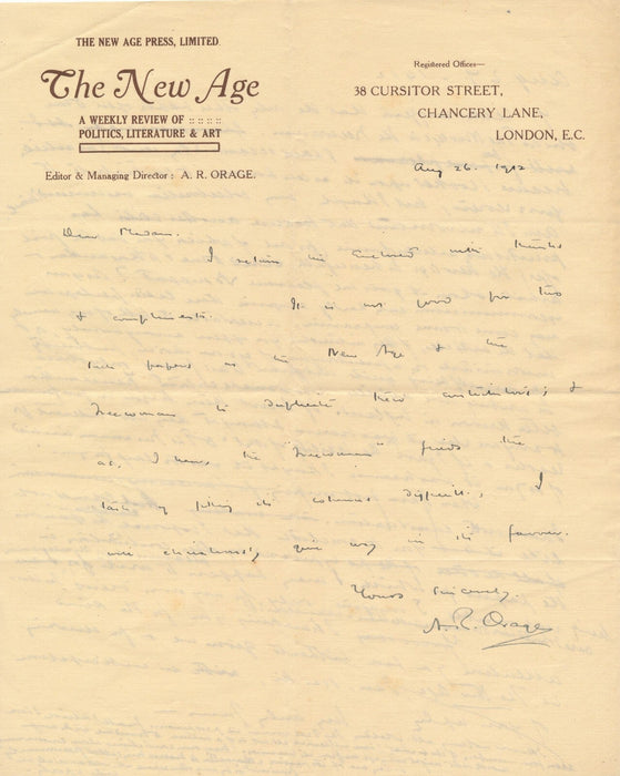 Alfred Richard ORAGE The New Age 4 lettres autographes signées presse Ciolkowska