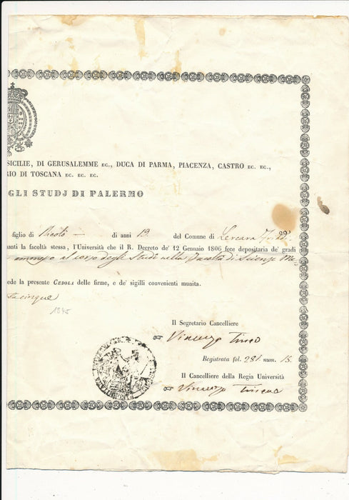 Vincenzo TINEO botaniste Palerme diplôme signé autographe Université 