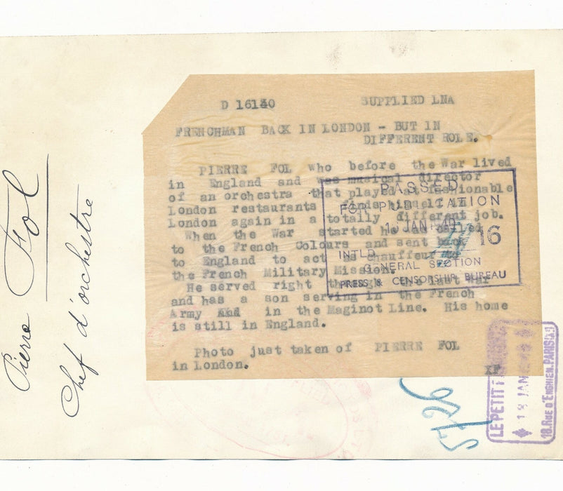 Pierre FOL, violoniste, chef d’orchestre, 1940 photo photographie époque Londres