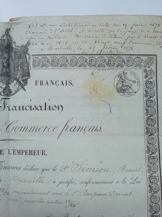 Acte signé Rouher francisation navire Saint Laurent Martigue Martigues 1867