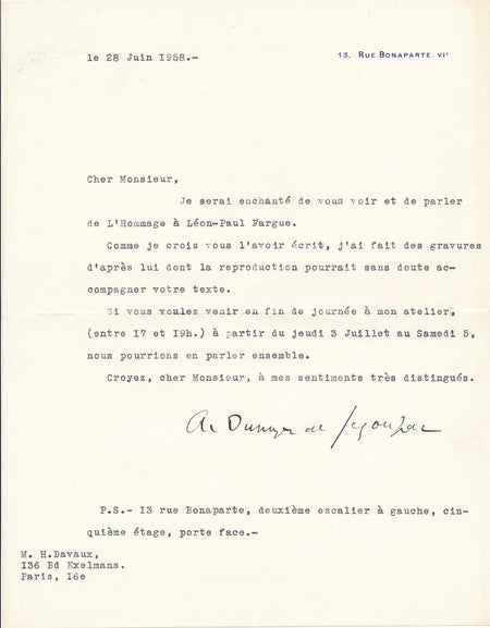 André DUNOYER DE SEGONZAC enchanté d'évoquer Léon Paul Fargue lettre signée