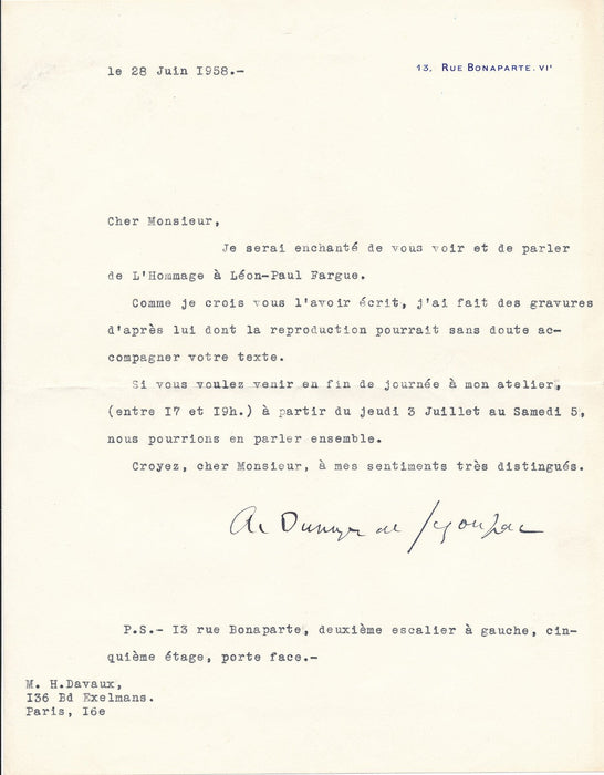 André DUNOYER DE SEGONZAC enchanté d'évoquer Léon Paul Fargue lettre signée