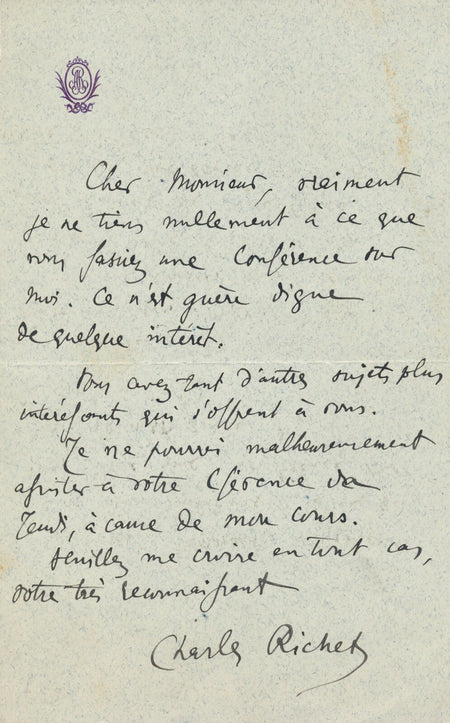 Charles RICHET médecin physiologiste prix Nobel en 1913 lettre autographe signée