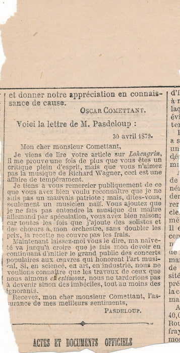 Jules PASDELOUP réponse Oscar Comettant Wagner Lohengrin 1879 lettre autographe